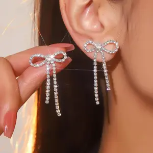 Lolo Collective Bow Earrings for Women, Rhinestone Long Tassel Earrings with Silver Stainless Steel, Cubic Zirconia, 1.73" Length & 1.06" Width