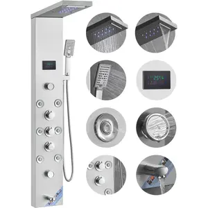VEVOR Shower Panel System, 6 Shower Modes, LED Screen Hydroelectricity Shower Panel Tower, Rainfall, Waterfall, 8 Massage Jets, Tub Spout, Handheld Shower, Stainless Steel Wall-Mounted Shower Set