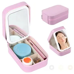 🎀 Portable LED Makeup Mirror Storage Box 🎀 Rechargeable with three-color light adjustment, a multi-functional tool box that combines makeup mirror, jewelry box, and storage box, ideal for travel.
