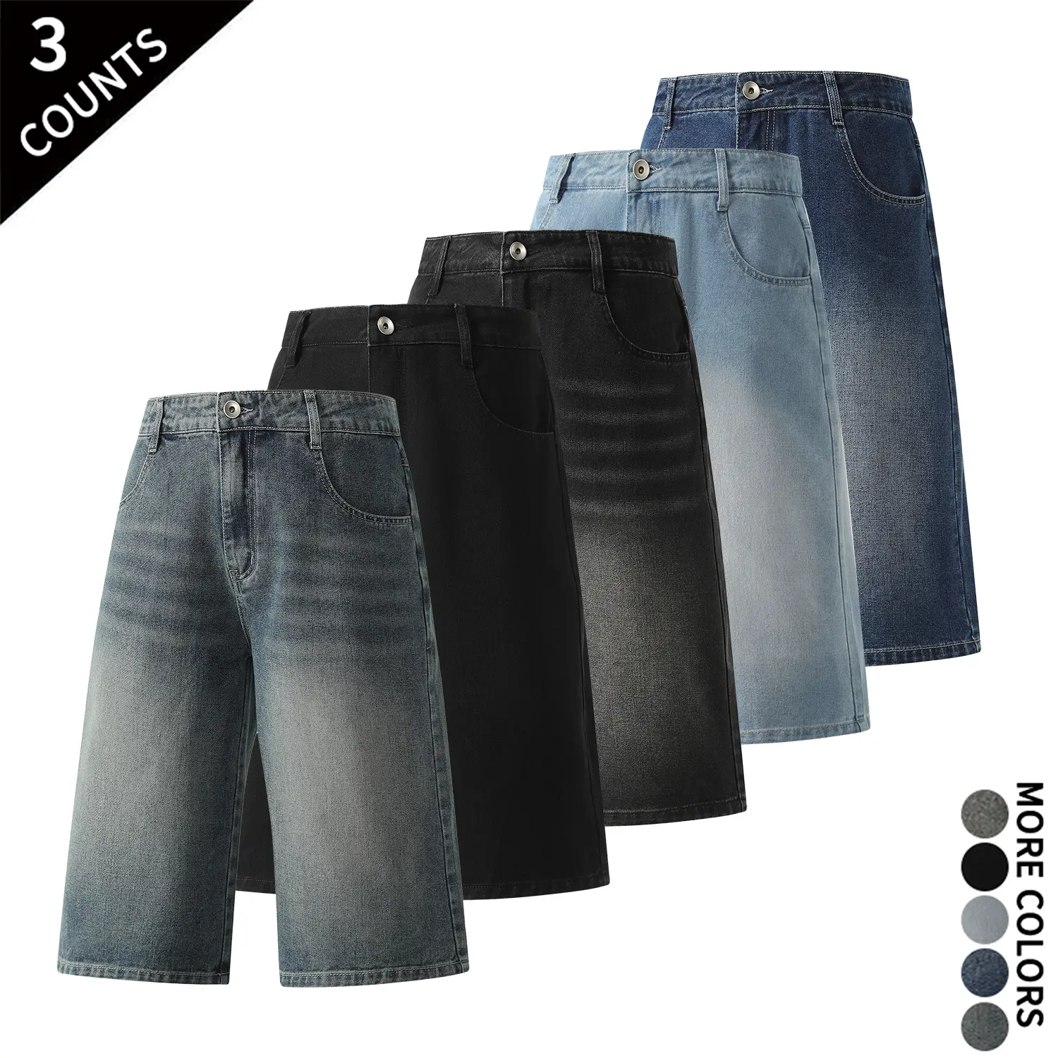 Men's Menswear 3-Pack Knee-Length Plain Basic Baggy Vintage Denim Jorts - Hip Hop Outdoor Daily Street Outfits