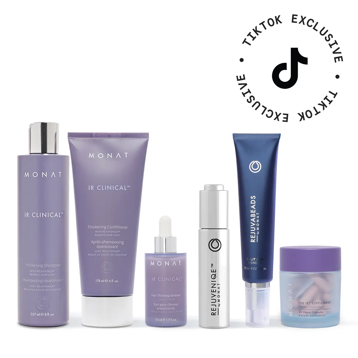 MONAT Hair Transformation Pack – IR Clinical Thickening Shampoo, Conditioner, Scalp Serum, REJUVENIQE Oil, REJUVABEADS & IR Supplement MONAT Hair Transformation Pack – IR Clinical Thickening Shampoo, Conditioner, Scalp Serum, REJUVENIQE Oil, REJUVABEADS & IR Supplement