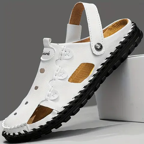 Men's Handmade Retro Open Toe Sandals - Large Sizes, Solid Color, Rubber-PU Leather-Fabric, Breathable Non-Slip, Lightweight Beach Outdoor Casual Walking Shoe Sandals for Street & Beach Days