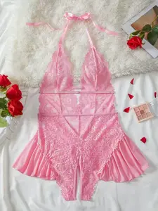 Women's Sexy Deep V Neck Strapless Bodysuit Soft High Elastic Lace Floral Patchwork One-piece Sleepwear baby doll tops New Year Gift Valentine's Day Gift Elegant Vneck Sleepwear