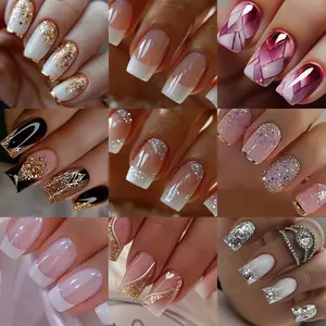 216pcs (9 Boxes) Short Square Summer White French Style Simple Gradient Glitter Heart Soft Gel Press-On Nails Full Cover Fake Nail Set for Women & S