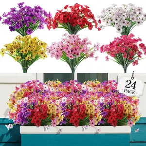 24pcs of Artificial Flowers, Plastic Faux Flowers in Red, White, Purple, Pink, Yellow. Outdoor Artificial Violet Flowers & Hanging Plants, Non-fading Faux Violets for Garden, Yard, Porch, Windowsill, Home, Wedding, and Farmhouse