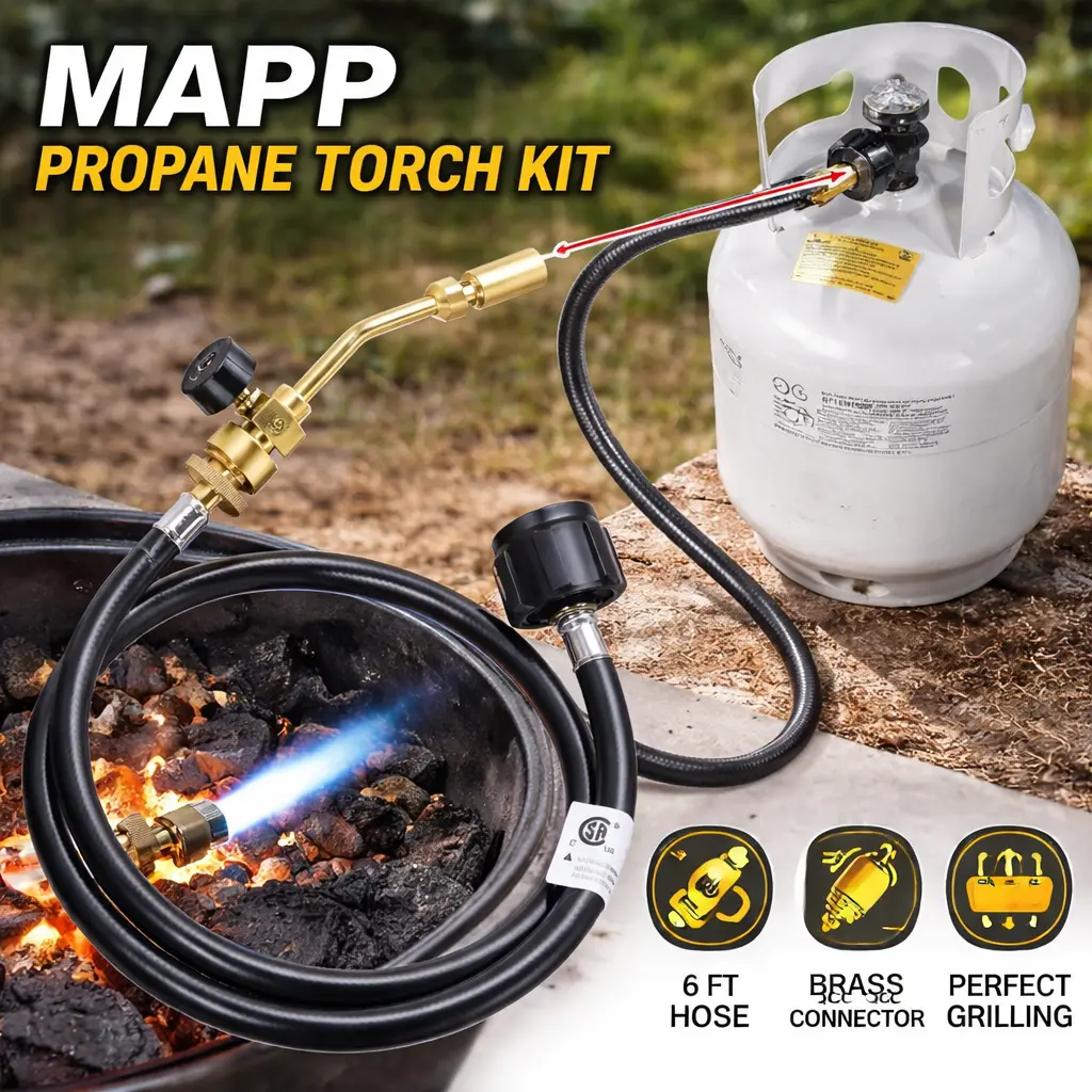 Durable Turbo-Powered Flame Propane Gas Torch Adapter Kit - Rubber Hose (6.07ft Heavy-Duty), Fits 20lb+ Tanks, for Plumbing, Metal Tasks, HVAC Work, Jewelry Repair - Mid Year Sale