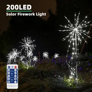 8-Mode 200-LED Ground-Stake Fireworks Lights (Pure White / With Cascading Strands) | Ground-Stake Design: Strands Cascade Like Bursting Fireworks | 200 Pure White LEDs, 8 Lighting Modes | Ideal for Courtyard, Garden, Lawn, and Patio Decoration