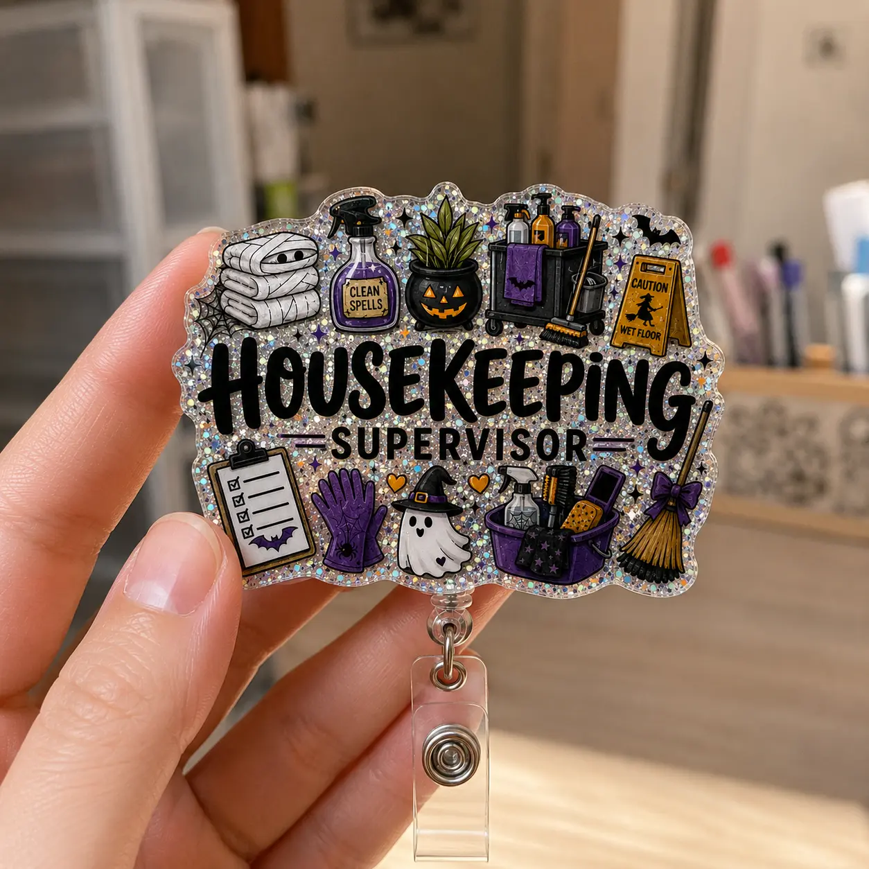 Housekeeping Supervisor Badge Reel, Halloween Glitter Acrylic Badge Holder, Retractable Clip for EVS Hotel Hospital Cleaning Staff