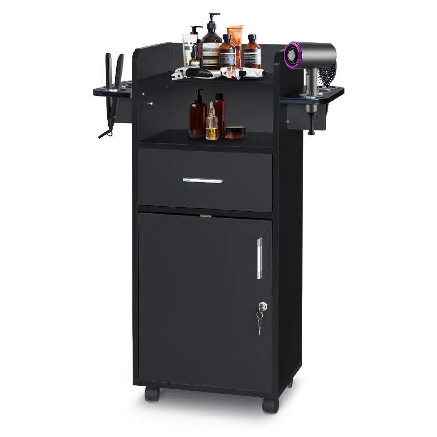 Beauty Salon Trolley Cart with Drawer, Lockable Cabinet & 360° Rolling Wheels, Professional Salon Storage Station with 6 Tool Holders for Hair Stylists, Spa, Barber Shop and Home Beauty Studio