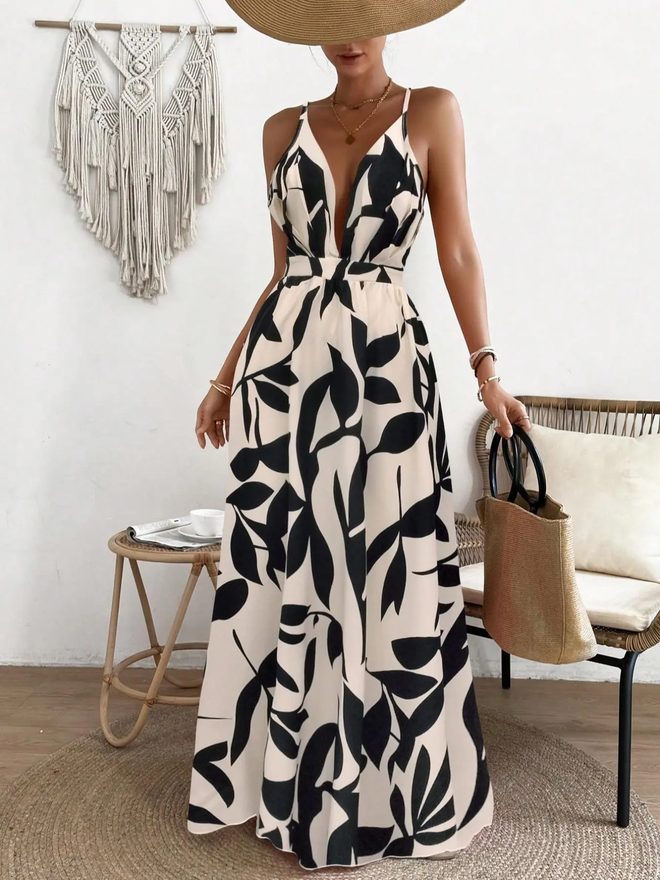chinese dress ladies Elegant Green Leaf Print Halter Maxi Dress for Weddings and Evenings Custom Color / Above Knee / US16 main image 1
