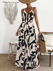 Women's All Over Leaf Print Backless Dress, Casual Sleeveless Maxi Dress for Summer, Women's Clothing for Daily Wear, Casual Dresses, Bohemian Romantic Dress