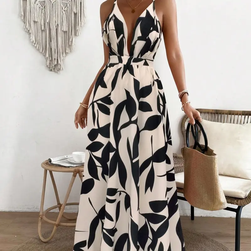 Women's All Over Leaf Print Backless Maxi Dress, Casual Sleeveless Dress for Summer, Boho Chic Style, Women's Clothing for Daily Wear, Bohemian Dress