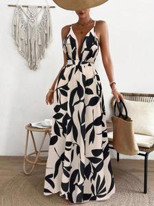 women's all over leaf print backless dress, bohemian casual sleeveless maxi dress for summer, women's clothing for daily wear, womenswear, boho clothes women, maxi slip dress, bohemian print dresses