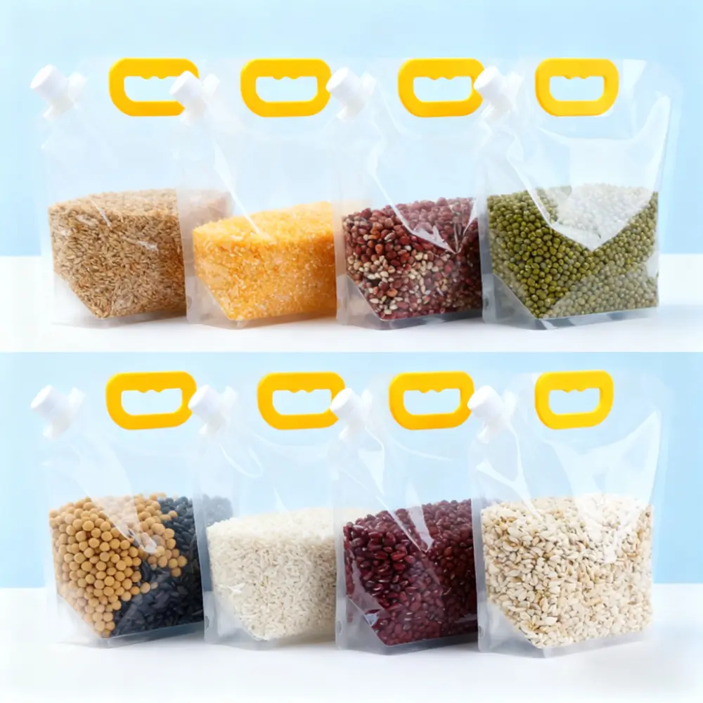 12pcs Reusable Food Grade Grain Storage Bags with Handle - Transparent Stand-Up Sealed Pouches, Moisture-Proof, Insect-Proof, Pour Spout, Camping Picnic Kitchen Organizer for Cereal, Rice, Beans, Stand-Up Pouch