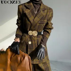 UOOZEE Women's Retro Classic 25% Wool Blend Plaid Print Blazer Suit - Long Sleeve, Loose, Pocketed, Belt-Free, Polyester-Infused Jacket for Autumn Winter Outfits (Not Wearable Directly Due to Itching)