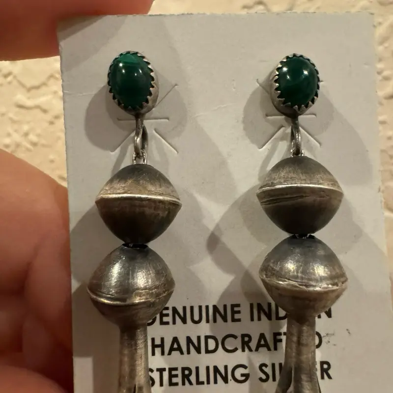 Zuni squash blossom earrings with turquoise stone