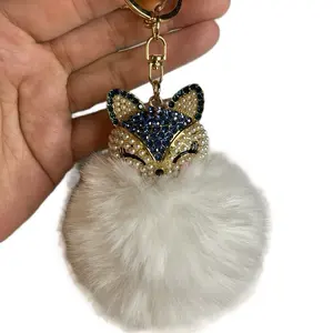 Blue Fox with White Puff Bag Charm or Keychain - Elegant Faux Fur & Rhinestone Accents for Stylish Accessories