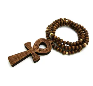 BA UNIQUE FASHION Egypt Key of Life Ankh Pendant 8mm 36" Wooden Bead Necklace in Black, Brown Tone