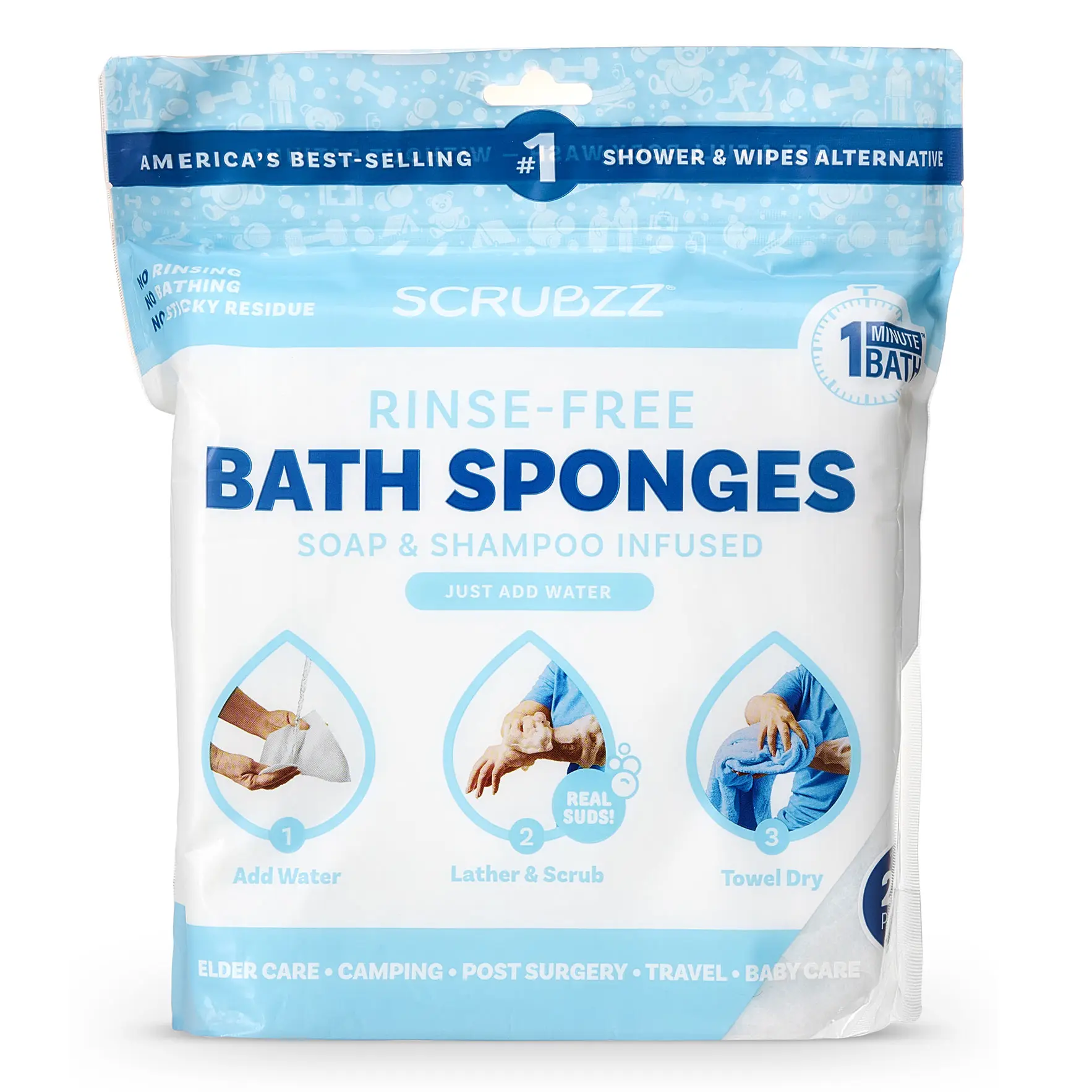 Scrubzz Rinse-Free Bathing Wipes - Soap & Shampoo Infused - Hypoallergenic & pH Balanced - Ideal for Post-Surgery, Elderly, Gym, Camping, Travel - Simply Dampen, Lather, and Dry