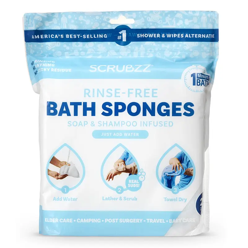 Scrubzz Rinse-Free Bathing Wipes - Soap & Shampoo Infused - Hypoallergenic & pH Balanced - Ideal for Post-Surgery, Elderly, Gym, Camping, Travel - Simply Dampen, Lather, and Dry