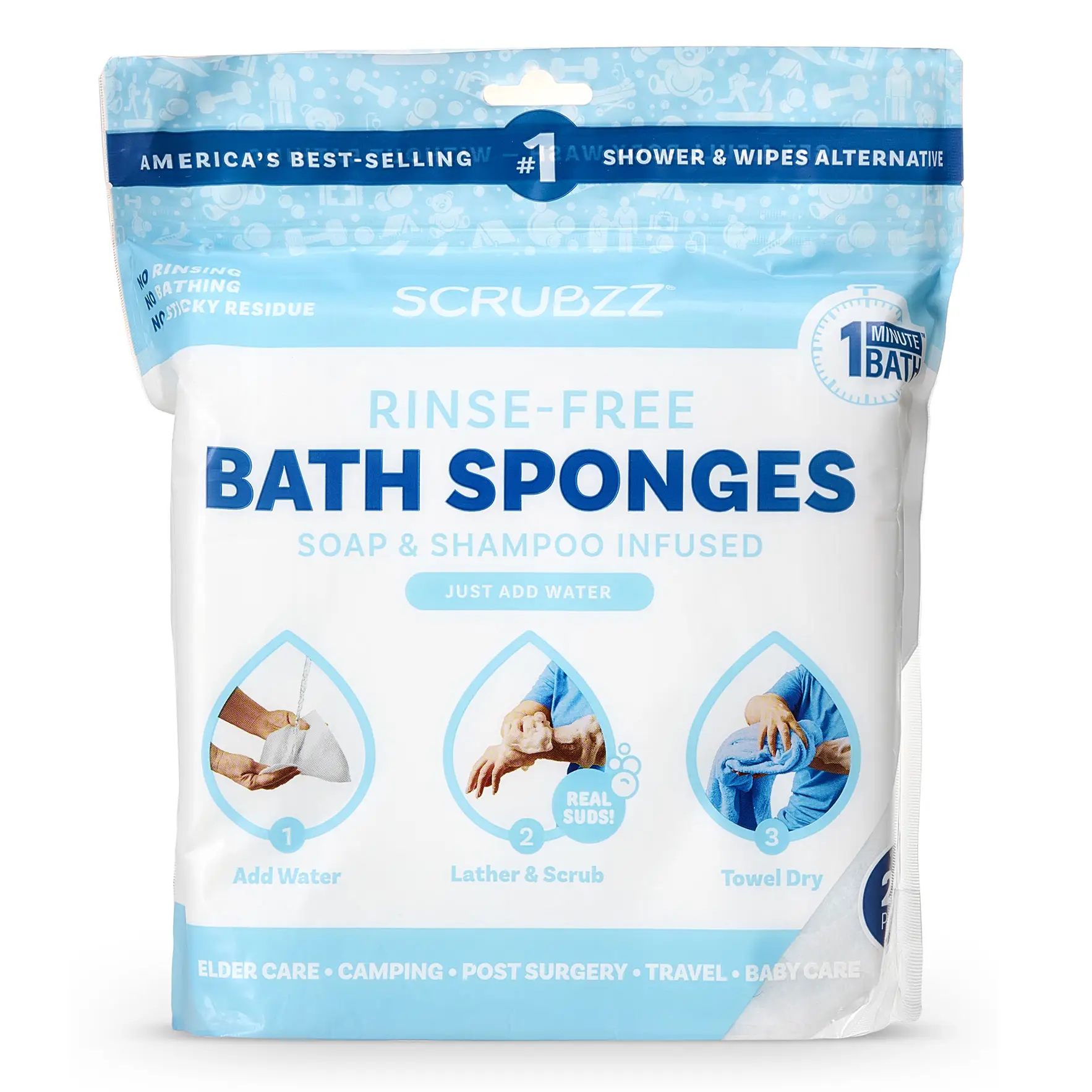 Scrubzz Disposable Rinse Free Bathing Wipes - 25 Pack - All-in-1 Single Use Shower Wipes, Simply Dampen, Lather, and Dry Without Shampoo or Rinsing