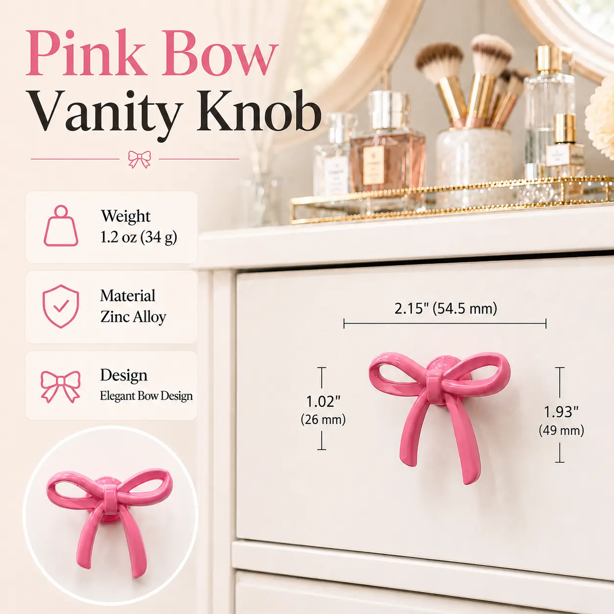 FUSOU 15Pcs Pink Bow Vanity Drawer Knob, Zinc Alloy, Dresser Drawer Handles, Cabinet Knobs, Drawer Pulls, Furniture Hardware, Decorative Furniture Knobs, Replacement Cabinet Handles, Drawer Knobs with Screws