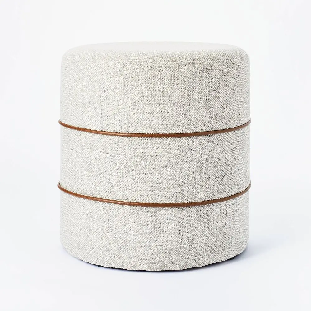 Catalina Round Ottoman Cream with Leather Piping - Threshold designed with Studio McGee Catalina Round Ottoman Cream with Leather Piping - Threshold designed with Studio McGee
