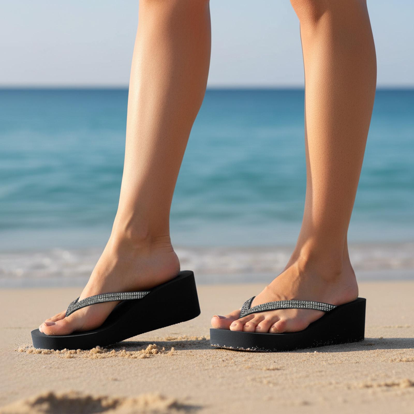 rosyclo Women’s Wedge Flip Flops with Sparkling Rhinestones | Platform Summer Beach Sandals | High Heel Thong Sandals for Party & Vacation | Comfortable Non-slip Platform Slides