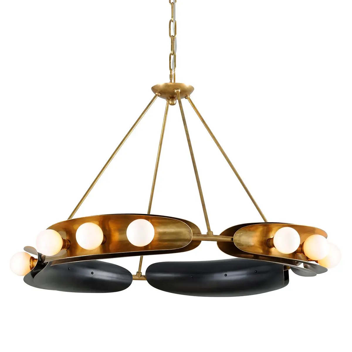 Large Hopper Chandelier - Mid-Century Style with Opal White Glass Shades and Unique Concave Design