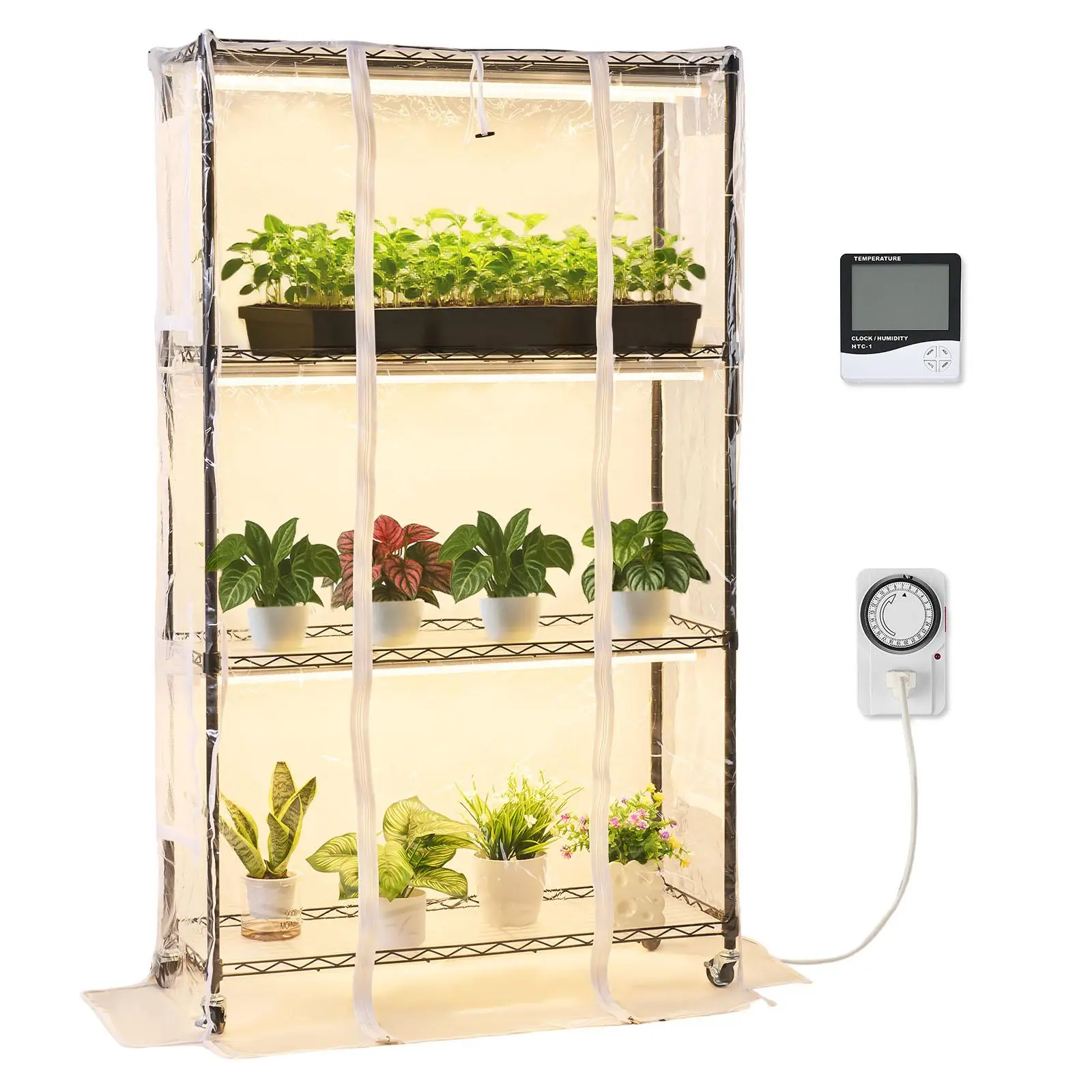 【SummerFinds】VEVOR Indoor Greenhouse with Grow Light, 59 in Tall 4-Tier Plant Stand with Clear Cover, Timer & Hygrometer, 180W Full Spectrum Grow Lights, Metal Lighted Plants Shelf Holder for Indoor Plants