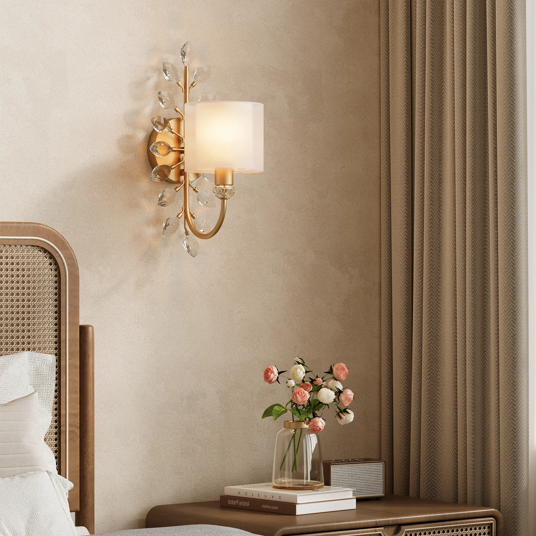 Tribesigns Gold Bedroom Branch Light Fixtures, Modern Decorative Wall Sconce with Crystal Leaves Shape, Double-Layer Fabric Lampshade Wall Light for Living Room, Stairwell, Entryway(E12 Base)