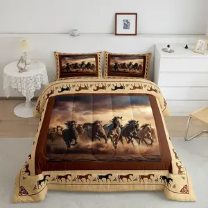Horse Designer Comforter Set,Galloping Horse Comforter,Western Decor Cute Animal Luxury Bedding Set,Kawaii Farm Cowboy Brown Microfiber Duvet Set