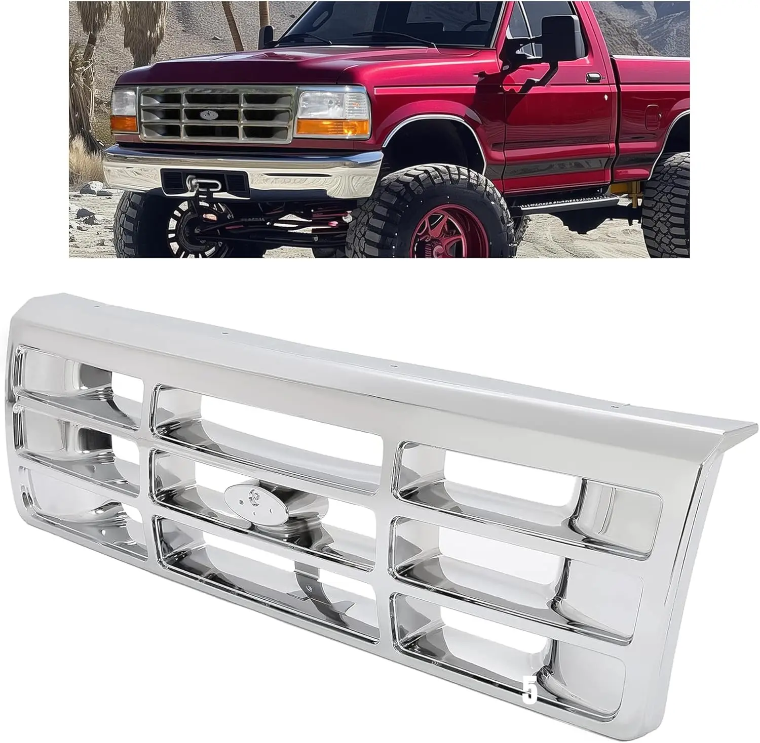 HECASA Chrome Silvery Front Grille Assembly, Compatible with 1992-1997 Ford Bronco F-150 F-250 HD F-350, Bumper Grille Replacement for FO1200173 F4TZ8200A, Car Exterior Decoration Auto Accessories for Vehicle