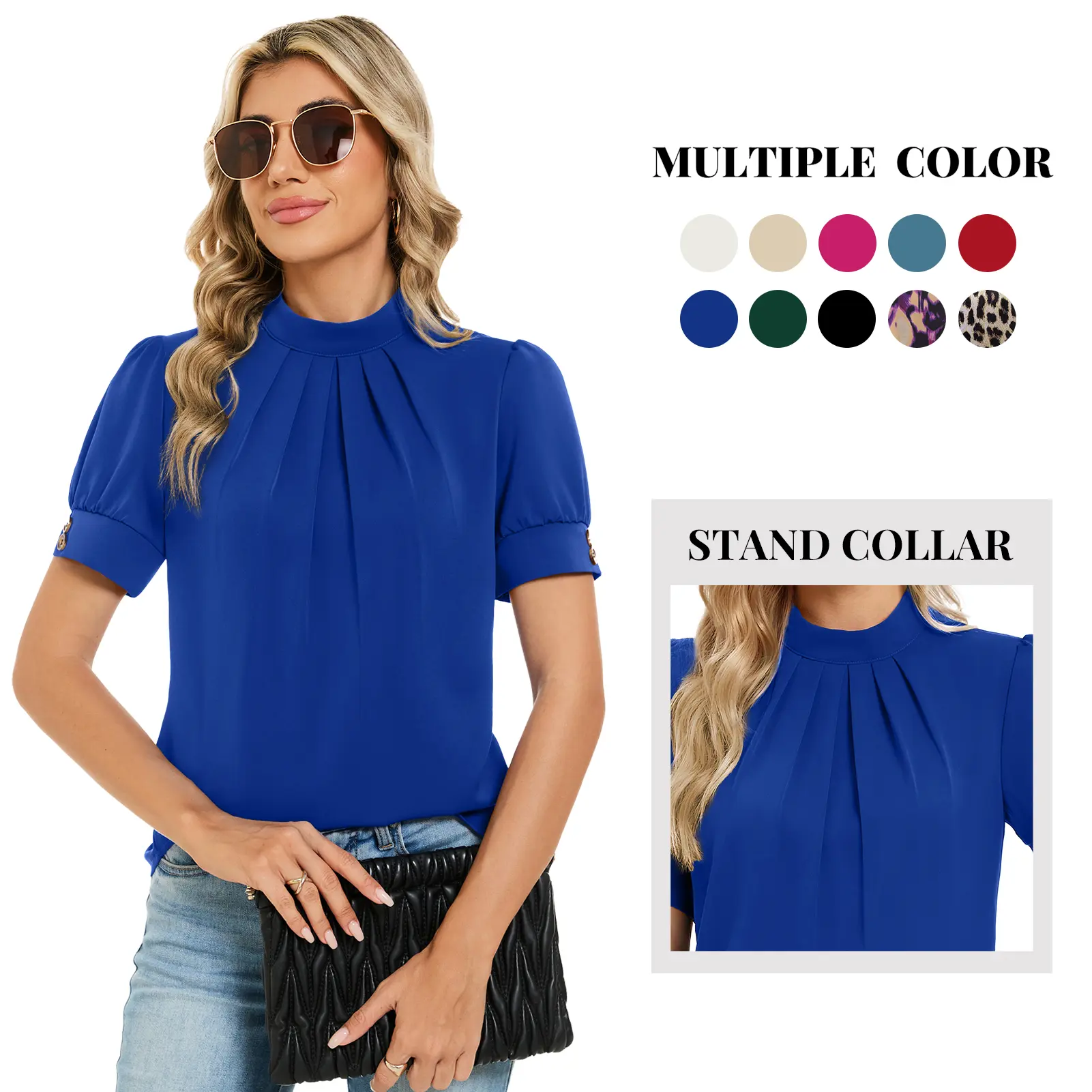 Women's Mock Neck Blouse with Plain Pleated Chiffon and Puff Sleeves, Summer Basics for Business Casual Office Work Fashion