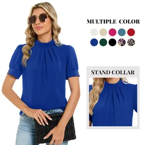 Women's Summer Tops Dressy Casual Short Puff Sleeve Blouses Mock Neck Pleated Shirt for Business Office Party #Springfresh