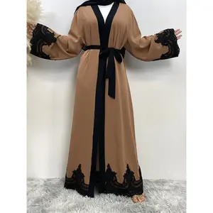 Arabic Clothing-Contrast Lace Long Sleeve Belted Abaya, Contrast Binding Muslim Dress With Belt, Women's Islamic Clothing, Arabian Dress, Islamic Clothes, Summer Outfits 2024