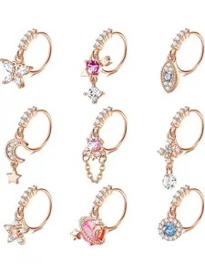 9 Pcs 20G Dangle Nose Rings Hoops for Women Butterfly Heart Arrow Evil Eye Moon Star CZ Dangle Nose Rings Cartilage Earring Dangling Nose Piercing Jewelry Septum Clicker