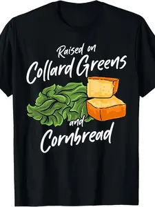 Southern Food Kale and Cornbread T-Shirt - Cotton Retro T-Shirt, printed with southern food patterns, casual round neck design, suitable for barbecue, picnic and daily wear