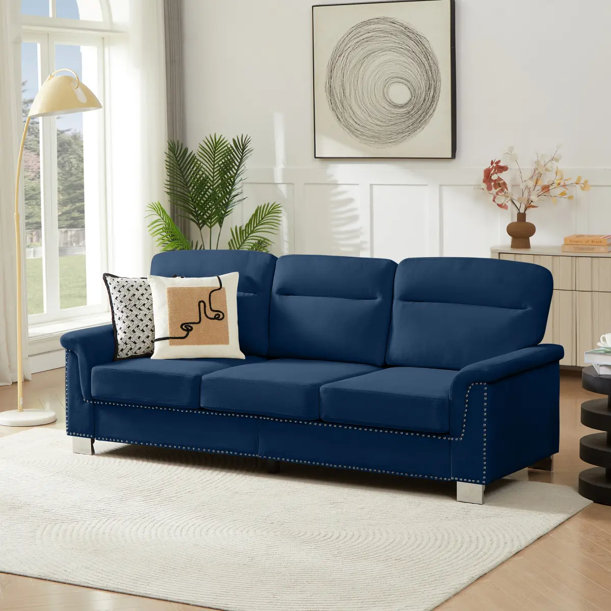 82" Modern Sofa 3-Seater Couch with Medium-Soft Deep Seats, Wide Cozy Armrests, Compressed Snowfleece Fabric, Comfy and Solid Wood Frame | Easy Assembly, Living Room, Bedroom, Office,​Blue