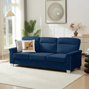 82" Modern Sofa 3-Seater Couch with Medium-Soft Deep Seats, Wide Cozy Armrests, Compressed Snowfleece Fabric, Comfy and Solid Wood Frame | Easy Assembly, Living Room, Bedroom, Office,​Blue