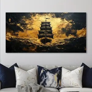 Gold Sailboat Canvas Wall Art - Modern abstract seascape with dramatic gold tones, decorative painting, wood frame home decor for living room, bedroom or kitchen, high quality printed nautical style decor