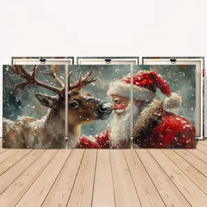 3 Counts Wooden Framed Canvas, Winter Reindeer And Santa Painting Images, Exquisite Poster, Perfect Living Room Decoration, Modern Art, Fashion Family Poster, Wall Art Decoration, Waterproof Art, Modern Home Decoration