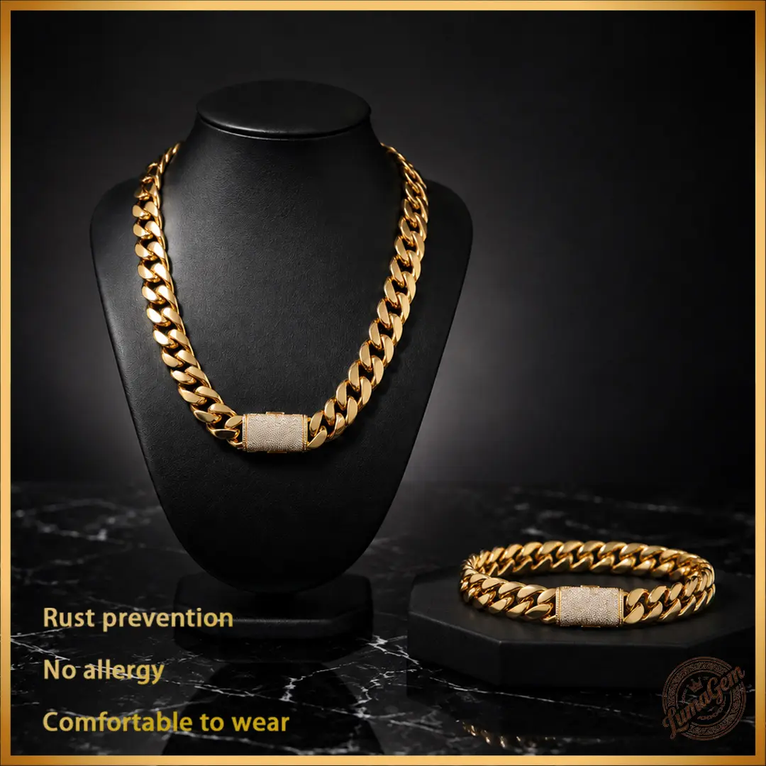 LumaGem 14K Gold Plated Vault Buckle Cuban Link Chain, CZ Sparkle Clasp Necklace or Bracelet, Statement Street Jewelry for Men Women