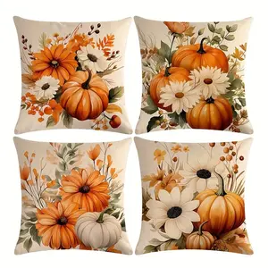 Vintage Autumn Pillow Covers Set, Sunflower & Pumpkin Design, Sofa Bed Home Decor, Easy Coordination, Single-Sided Print, No Insert Included, Home Textile