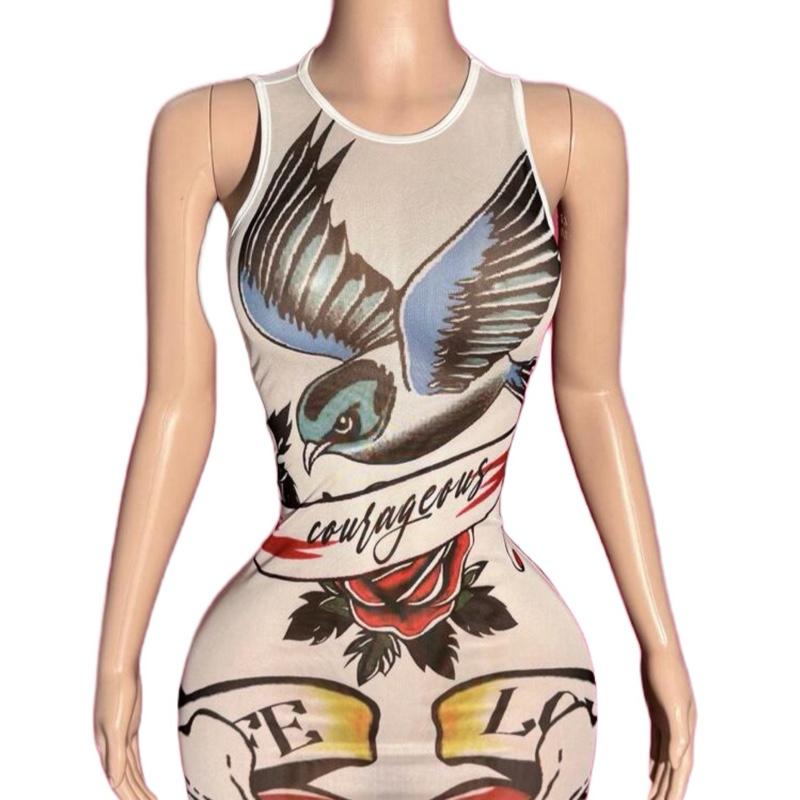 Slaydiva 2025 New Summer Casual Street Retro Baroque Y2K Hot Girl Style Sexy Perspective Round Neck Vest Long Skirt Slim Hip Skirt White Bottom Love Slogan Logo Bird Rose Print Pattern Ladies Long Dress-A Y2K Dress Long Bodycon Dress