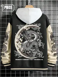 Men's Black Dragon Print Oversized Hoodie Jacket, Japanese/Chinese Style Back Graphic Zip Up Top, Casual Streetwear Coat, Casual Street Fashion