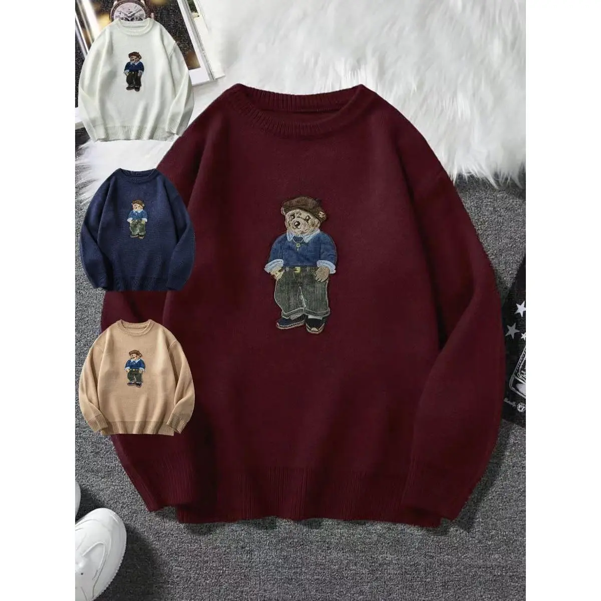 Unisex Fall Winter New Cartoon Bear Embroidered Round Neck Knit Pullover, Casual Comfortable College Style Sweater, Elegant Fashion Top