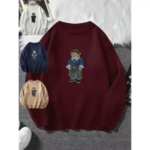 Unisex Fall Winter New Cartoon Bear Embroidered Round Neck Knit Pullover, Casual Comfortable College Style Sweater, Elegant Fashion Top