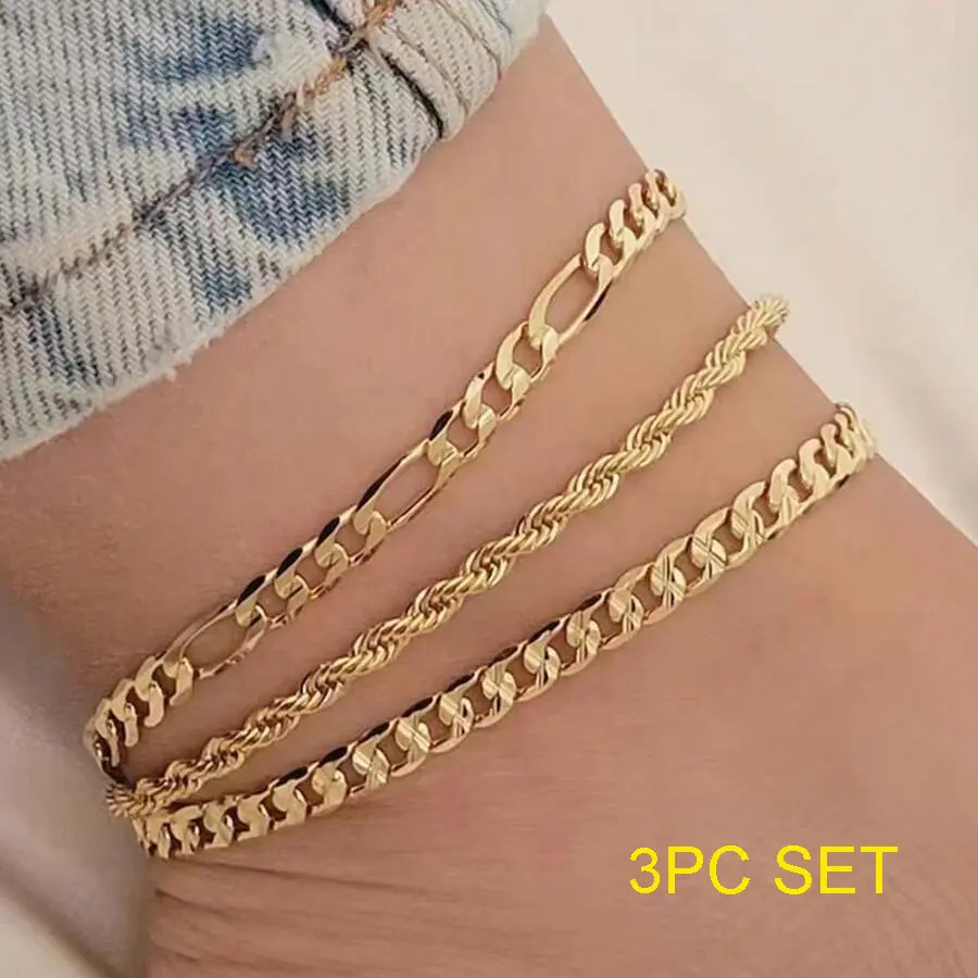 MaxBling81 Women's 3pc Mix & Match Everyday Layered Anklets Set - 10 inches 5mm Stainless Steel Figaro/Cuban Link/Rope Chains, Bold Trio, Metal Coating Costume Jewelry Gift with Bonus Bracelet