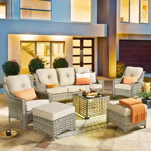 XIZZI 6-Piece Outdoor Patio Set with Solar Coffee Table 3-Seat Sofa 2 Chairs 2 Ottomans Eco-Friendly Wicker Furniture for Family & Friends
